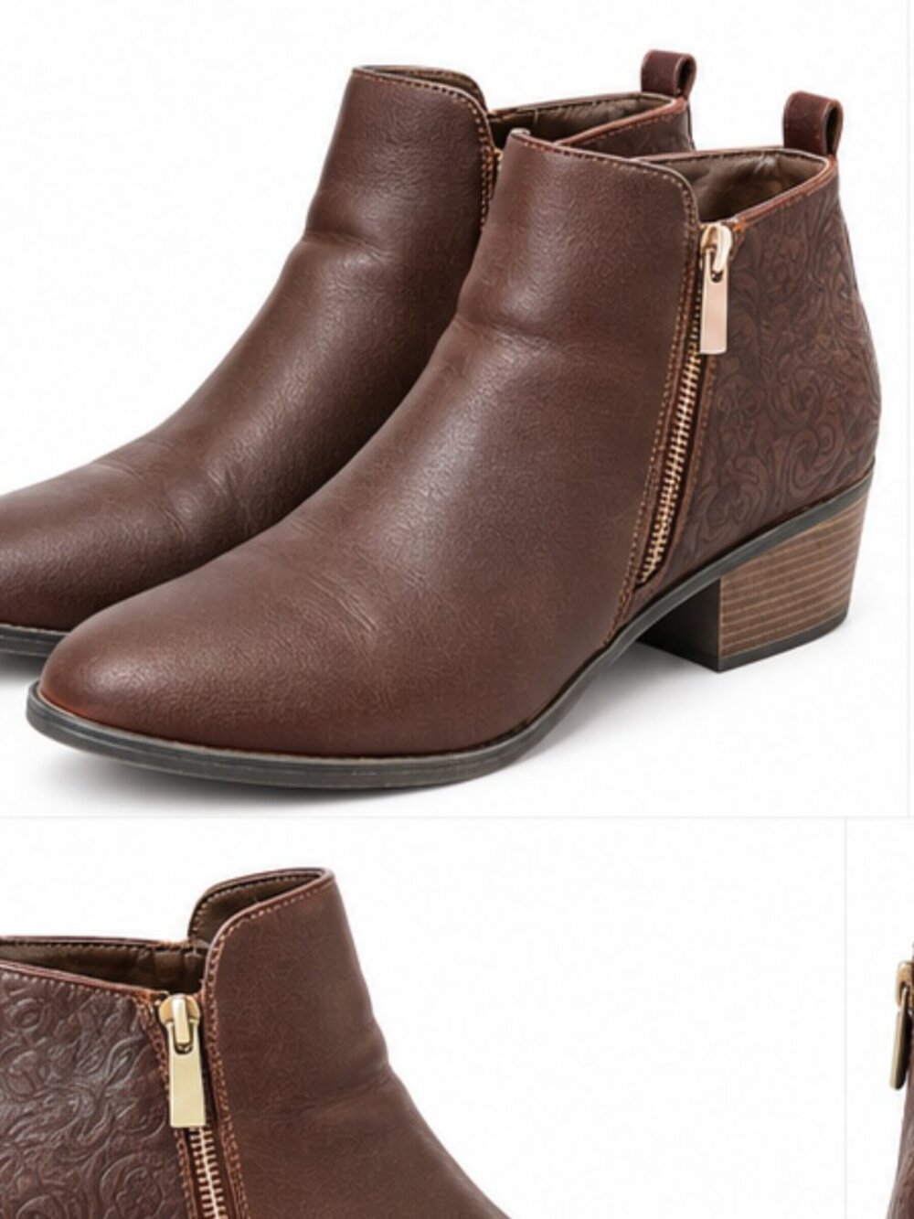 Xappeal Women’s Size 11 Brown Ankle Boots Embossed Floral Gold Zip Booties